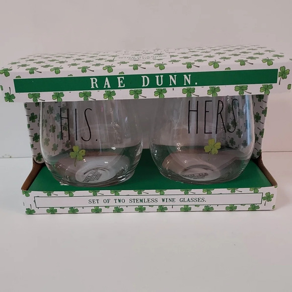 NIB Rae Dunn Shamrock Stemless Wine Glass Set His and Hers - Picture 1 of 9